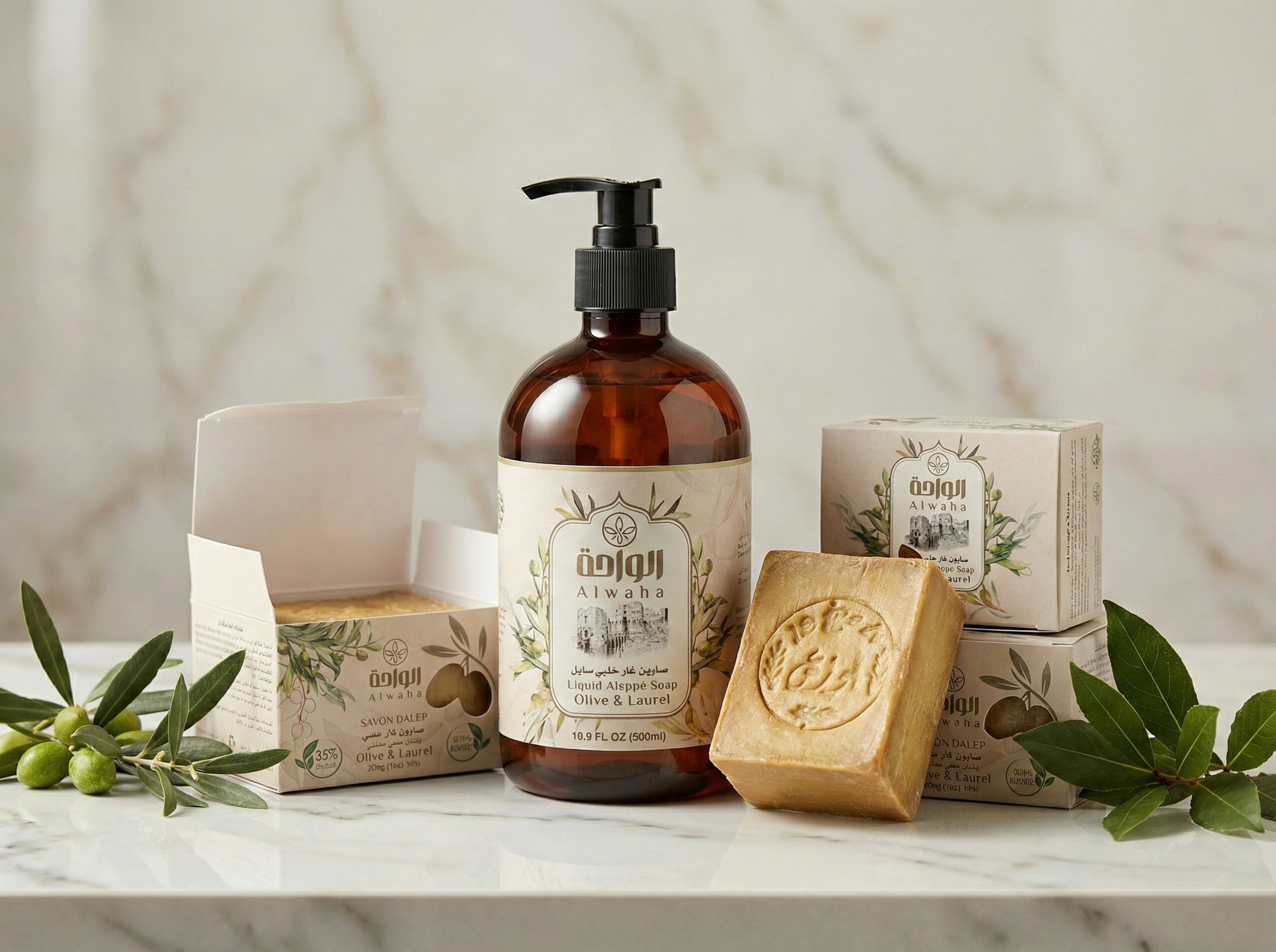 Présentation des Savons d'Alep Alwaha - Solide et Liquide